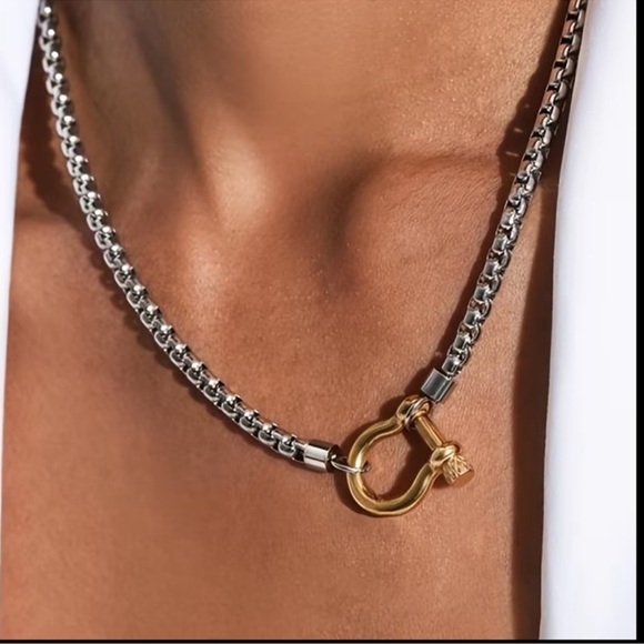 Gold Buckle Pendant Silver Chunky Stainless Steel Necklace - Picture 2 of 6